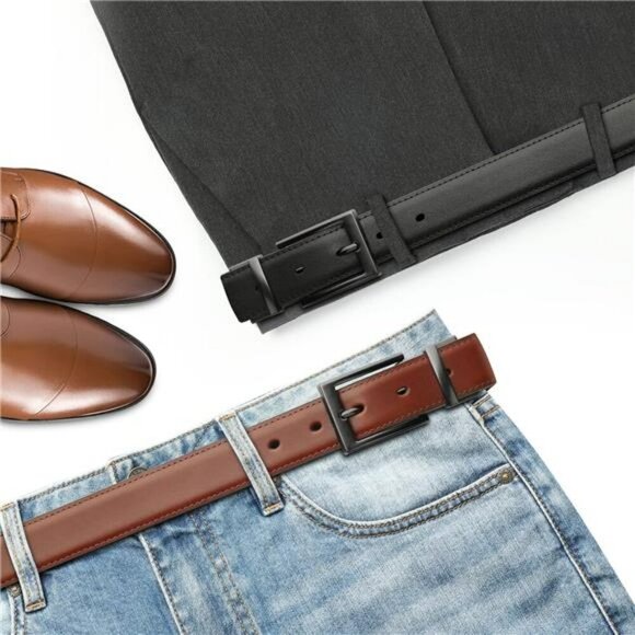 Reversible Mens Leather Belt Black Brown Italian Dress Casual Trim to Fit - Picture 3 of 7